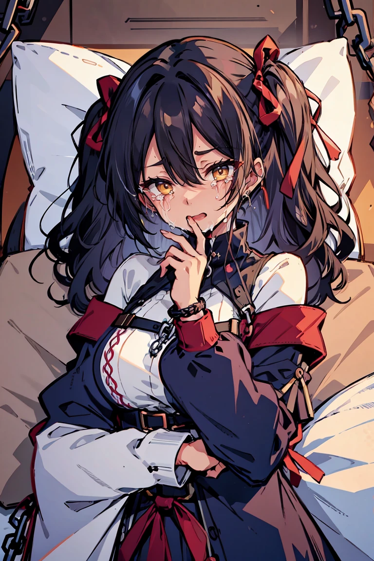 (masterpiece:1.2), (high quality:1.2), (hui xiyi:0.7)rekkyo sensen, rekkyou sensen, girls with((black hair, bangs, (one side up, long wavy hair:1.55), (hand up, perfect hands, perfect fingers, tied hands:1.43), exposed breasts, tits cleavage, breasts close up, dress((suspenders, dress:0.65), (belts:0.7), (blue clothes, frills shirt, white knit sweater, long sleeves, off-shoulder sleeves, silver handcuffs, chain, ribbon:1.2)), upper body)), background with((bedding, pillow, jail, prison:1.45))