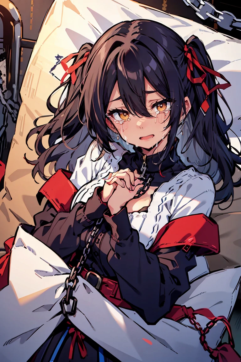 (masterpiece:1.2), (high quality:1.2), (hui xiyi:0.7)rekkyo sensen, rekkyou sensen, girls with((black hair, bangs, (one side up, long wavy hair:1.55), (hand up, perfect hands, perfect fingers, tied hands:1.43), exposed breasts, tits cleavage, breasts close up, dress((suspenders, dress:0.65), (belts:0.7), (blue clothes, frills shirt, white knit sweater, long sleeves, off-shoulder sleeves, silver handcuffs, chain, ribbon:1.2)), upper body)), background with((bedding, pillow, jail, prison:1.45))