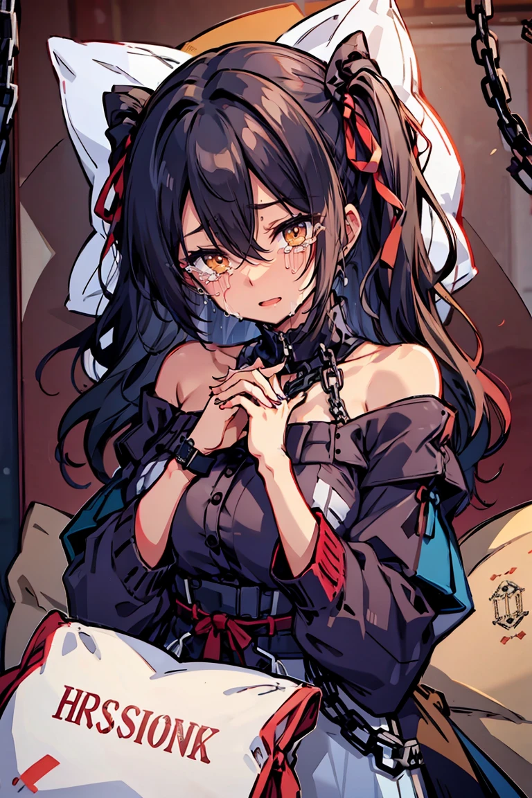 (masterpiece:1.2), (high quality:1.2), (hui xiyi:0.7)rekkyo sensen, rekkyou sensen, girls with((black hair, bangs, (one side up, long wavy hair:1.55), (hand up, perfect hands, perfect fingers, tied hands:1.43), exposed breasts, tits cleavage, breasts close up, dress((suspenders, dress:0.65), (belts:0.7), (blue clothes, frills shirt, white knit sweater, long sleeves, off-shoulder sleeves, silver handcuffs, chain, ribbon:1.2)), upper body)), background with((bedding, pillow, jail, prison:1.45))
