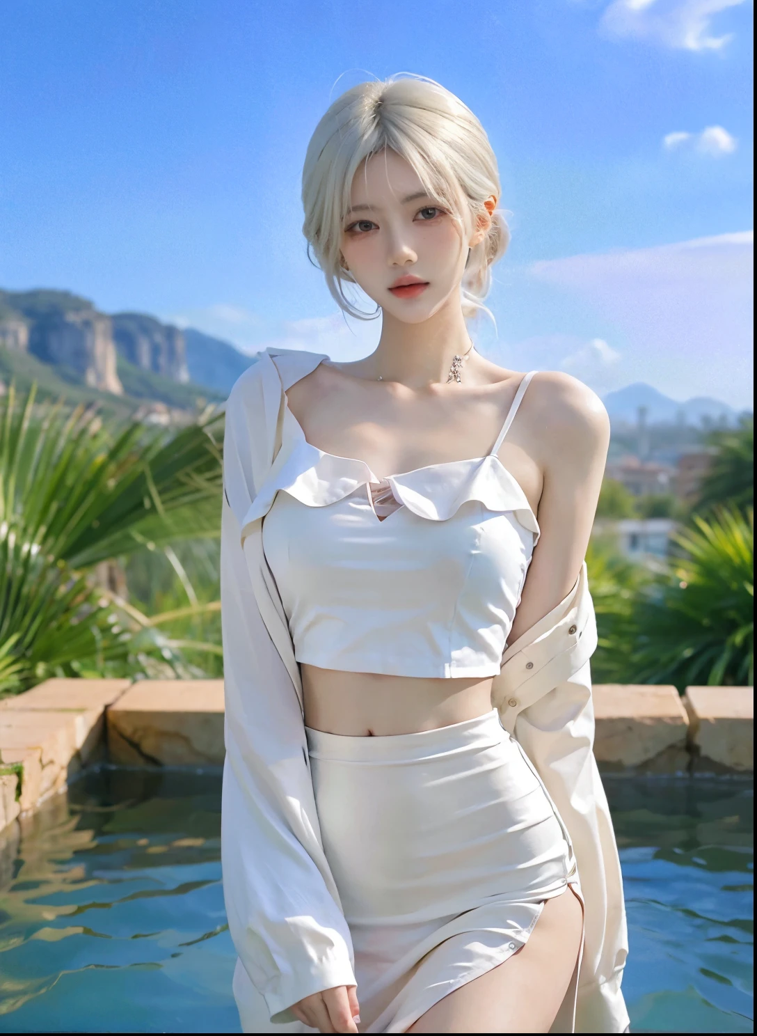 Beautiful woman with perfect figure:1.4,Swimming background,Desert Background,Ultra-high resolution,Seductive laughter,wear glasses,White legs,(lifelike:1.4),Layered Hairstyle,White皮肤,Black mini pleated skirt,whole body,Very delicate face and skin texture,Double eyelids,Skin Whitening,Long hair,White hair,White,