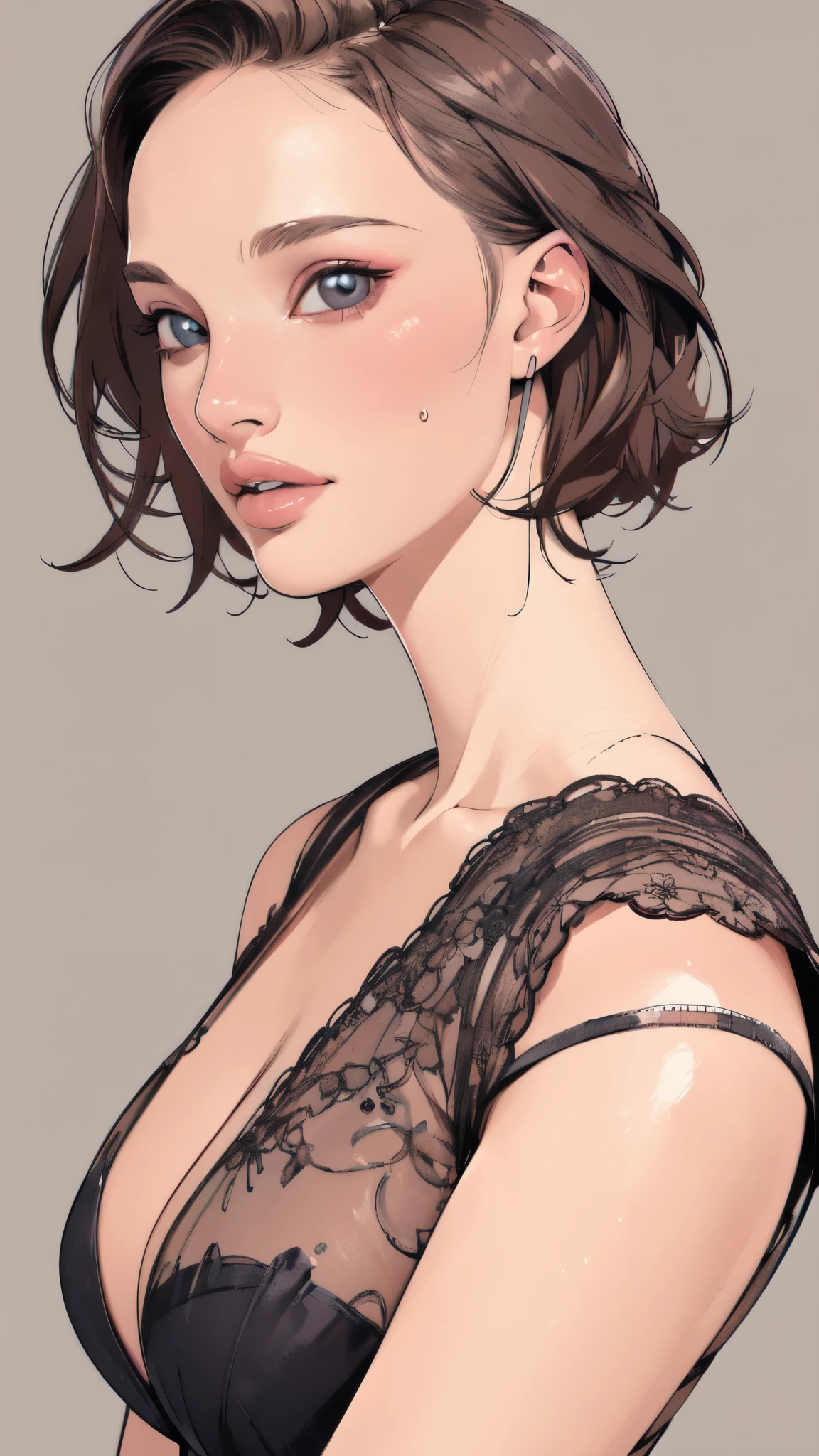 (masterpiece:1.2, Highest quality),8K,wallpaper,(An illustration),(Natalie Portman), Upper body close-up,front,short hair,Wearing a bold dress,Perfect Eyes,Detailed face,,Cool woman