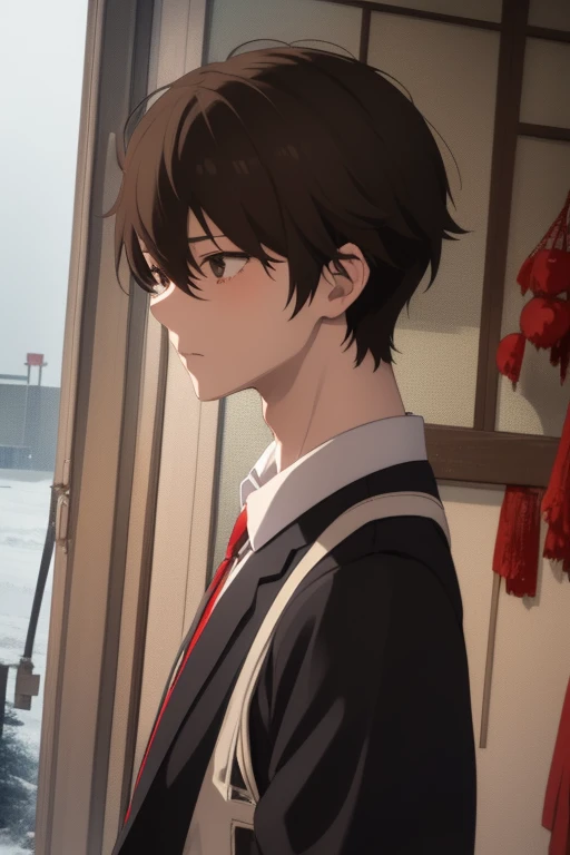 1boy, brown hair, black eyes, bloody hands, japanese , crazy expression, school setting, snowy, yandere, bloody, possessive, japan, tall boy, , uniform, japanese, short hair, male, anime, anime boy, control, marionettes, marionette, in school, controlling marionettes, classroom, back POV, back angle