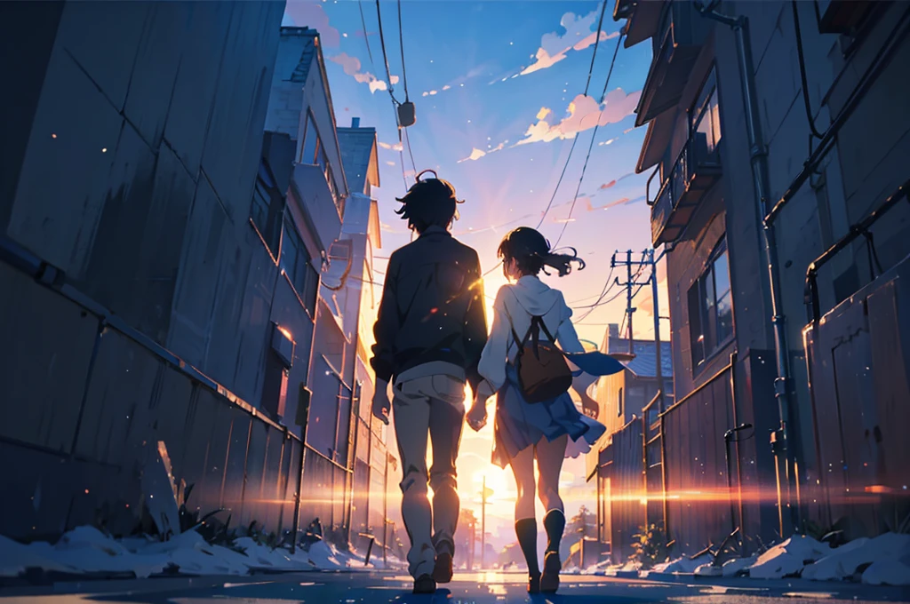 Created exquisite illustrations reminiscent of Makoto Shinkai&#39;s style, 非常に細かいディテールとHighest qualityを備えています. Cityscape at dusk,Create high quality illustrations of beautiful single girls。. The overall composition should evoke a sense of nostalgia and fantasy., Intricate details that capture the essence of a moment. Notice elements like the warm glow of the setting sun casting long shadows over the city, And the calm expression of a girl looking at the view. The beauty of the sunset and the girl&#39;s serene thoughts blend together、Striving for a finely crafted work of art, Create a nostalgic and dreamy atmosphere. Highest quality, masterpiece、Railroad crossing