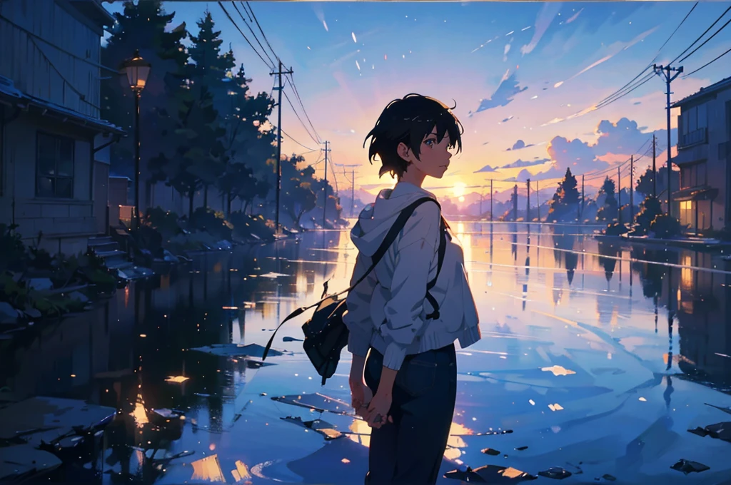Created exquisite illustrations reminiscent of Makoto Shinkai's style, 非常に細かいディテールとHighest qualityを備えています. Cityscape at dusk,Create high quality illustrations of beautiful single girls。. The overall composition should evoke a sense of nostalgia and fantasy., Intricate details that capture the essence of a moment. Notice elements like the warm glow of the setting sun casting long shadows over the city, And the calm expression of a girl looking at the view. The beauty of the sunset and the girl's serene thoughts blend together、Striving for a finely crafted work of art, Create a nostalgic and dreamy atmosphere. Highest quality, masterpiece、Railroad crossing