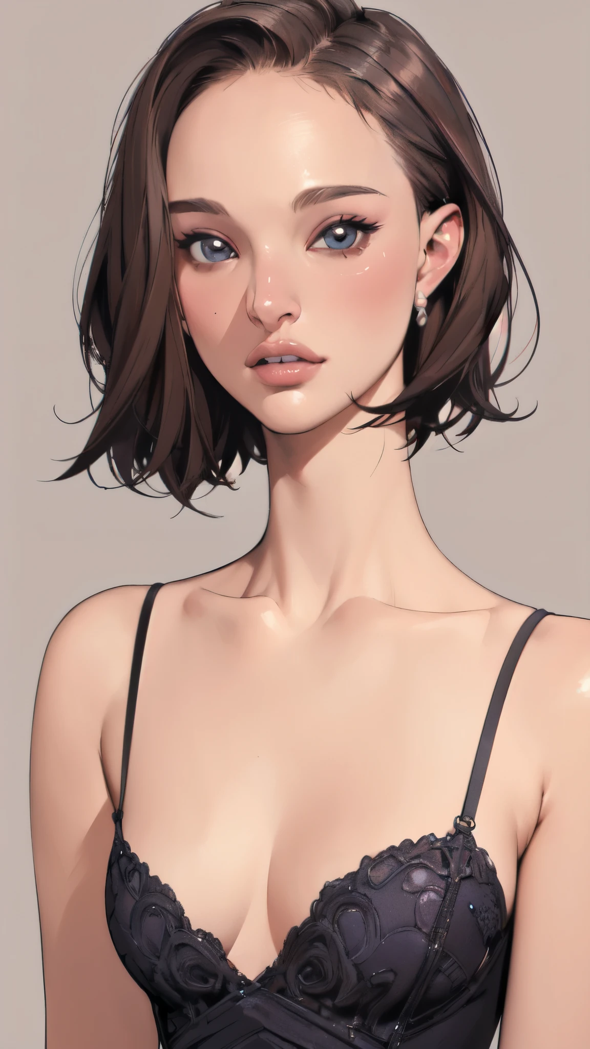 (masterpiece:1.2, Highest quality),8K,wallpaper,(An illustration),(Natalie Portman), Upper body close-up,front,short hair,Wearing a bold dress,Perfect Eyes,Detailed face,,Cool woman