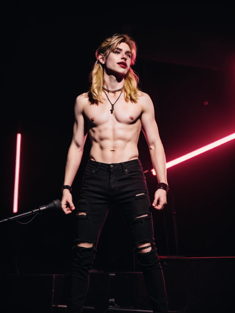 Neon smoke, daring guy,(8k, RAW photo, best quality, masterpiece:1.2), (realistic, photo-realistic:1.4), ultra-detailed, (high detailed skin:1.2), 8k uhd, dslr, soft lighting, high quality, film grain, Fujifilm XT3, professional lighting, handsome 1man , (thin lips:1.5), masterpiece, best quality, blue eyes, blond, long hair, pale skin, (strong wide jaw:1.3), brutal, medium long blonde hair 1boy, bangs, bishounen, black nails, black pants, black shirt, blonde hair, choker, closed mouth, collar, concert, earrings, electric guitar, feet out of frame, fishnet top, fishnets, glint, guitar, holding, holding instrument, holding microphone, instrument, jewelry, lens flare, looking at viewer, male focus, medium hair, microphone, microphone stand, music, necklace, pants, playing instrument, shirt, smile, solo, stage, stage lights, standing, thigh strap, torn clothes, torn pants, neon light
