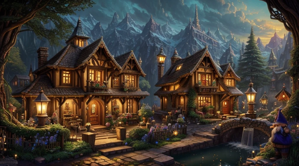 (Highest quality, 4K, 8K, High resolution, masterpiece:1.2), Super detailed, Realistic:1.37, The hidden city of gnomes, underground environment, Mysterious atmosphere, ancient architecture, Vibrant colors, Magical lighting, Intricate details, Whimsical atmosphere, A vibrant gnome community, Cobblestone Street, Ornate doors and windows, Fascinating flora and fauna, Winding tunnel, Secret Passage, Cozy Gnome House, Exquisite carving, Sparkling Gems and Crystals, Sparkling Waterfall, Mysterious Shadow, Hidden Treasure, Flickering lanterns, Mischievous gnomes in action, A sense of wonder and adventure, Immersive Exploration, Rich history and folklore