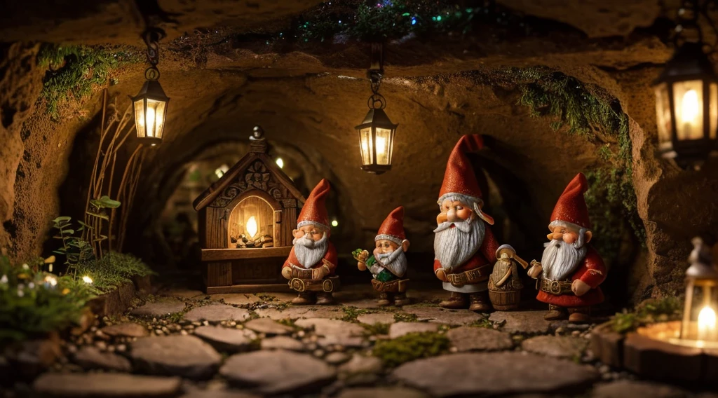 (Highest quality, 4K, 8K, High resolution, masterpiece:1.2), Super detailed, Realistic:1.37, The hidden city of gnomes, underground environment, Mysterious atmosphere, ancient architecture, Vibrant colors, Magical lighting, Intricate details, Whimsical atmosphere, A vibrant gnome community, Cobblestone Street, Ornate doors and windows, Fascinating flora and fauna, Winding tunnel, Secret Passage, Cozy Gnome House, Exquisite carving, Sparkling Gems and Crystals, Sparkling Waterfall, Mysterious Shadow, Hidden Treasure, Flickering lanterns, Mischievous gnomes in action, A sense of wonder and adventure, Immersive Exploration, Rich history and folklore