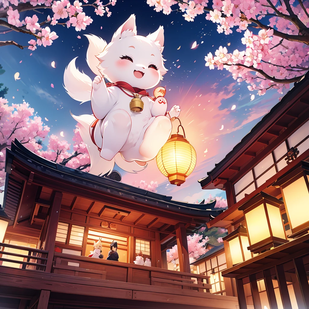 lanterns flying off into the sky, cherry blossom trees, kitsune people, happy, cheerful 