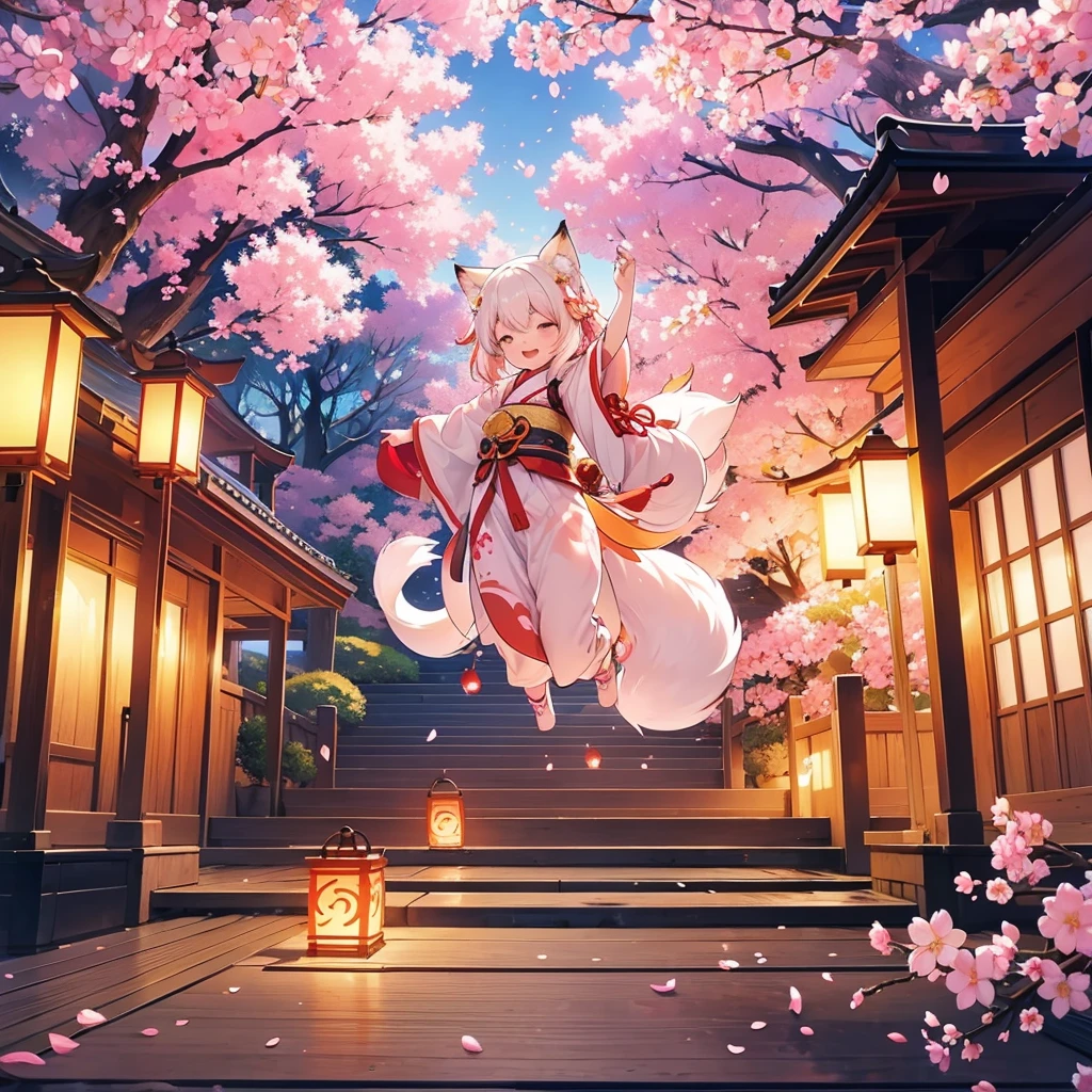 lanterns flying off into the sky, cherry blossom trees, kitsune people, happy, cheerful