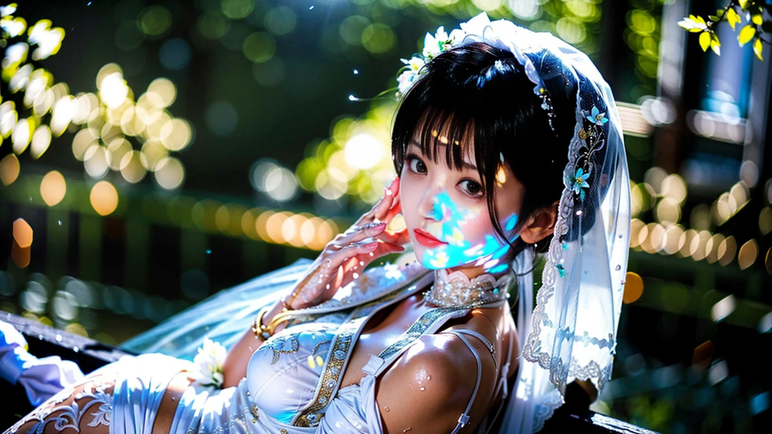 look up, 8K, masterpiece, Most detailed, Highest quality,, create a sense of fit, Cute Girls,Side Tail, (Wet),Sun light,((wedding)),pubic hair,Veil,(((bride))),((show off)),(ふっくらとしたNipples),Ecstatic expression,Outdoor,White lace,Nipples,Ample breasts,Saggy breasts,Hime cut,One female,Glowing Skin,hard core