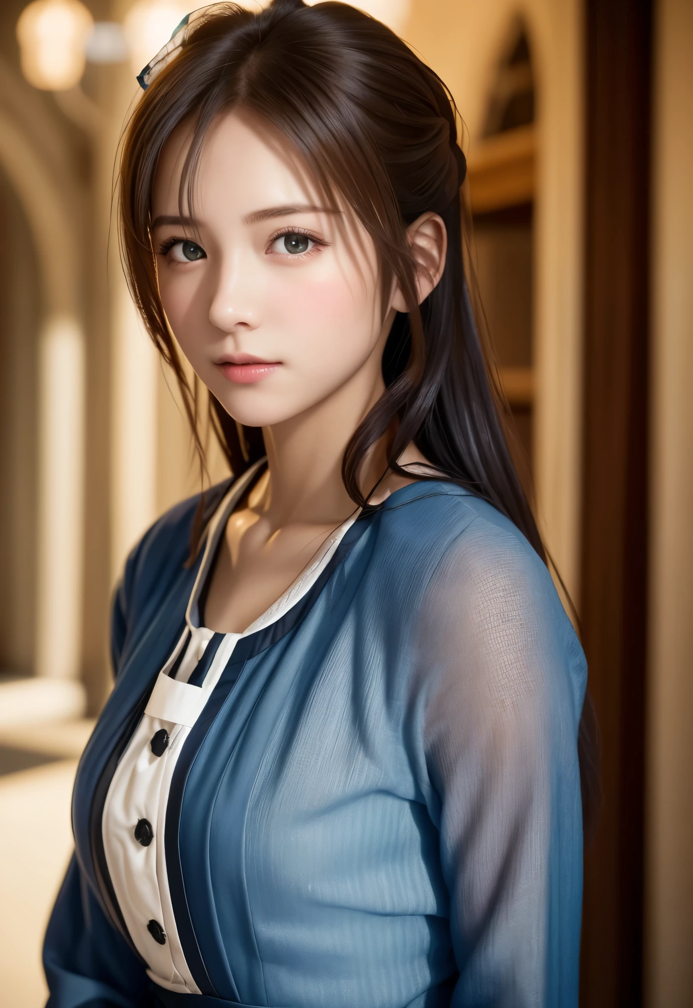 8K, of the highest quality, masutepiece:1.2), (Realistic, Photorealsitic:1.37), of the highest quality, masutepiece, Beautiful young woman, Pensive expression,、A charming、and an inviting look, Cute Maid Clothes, Hair tied back, Cinematic background, Light skin tone