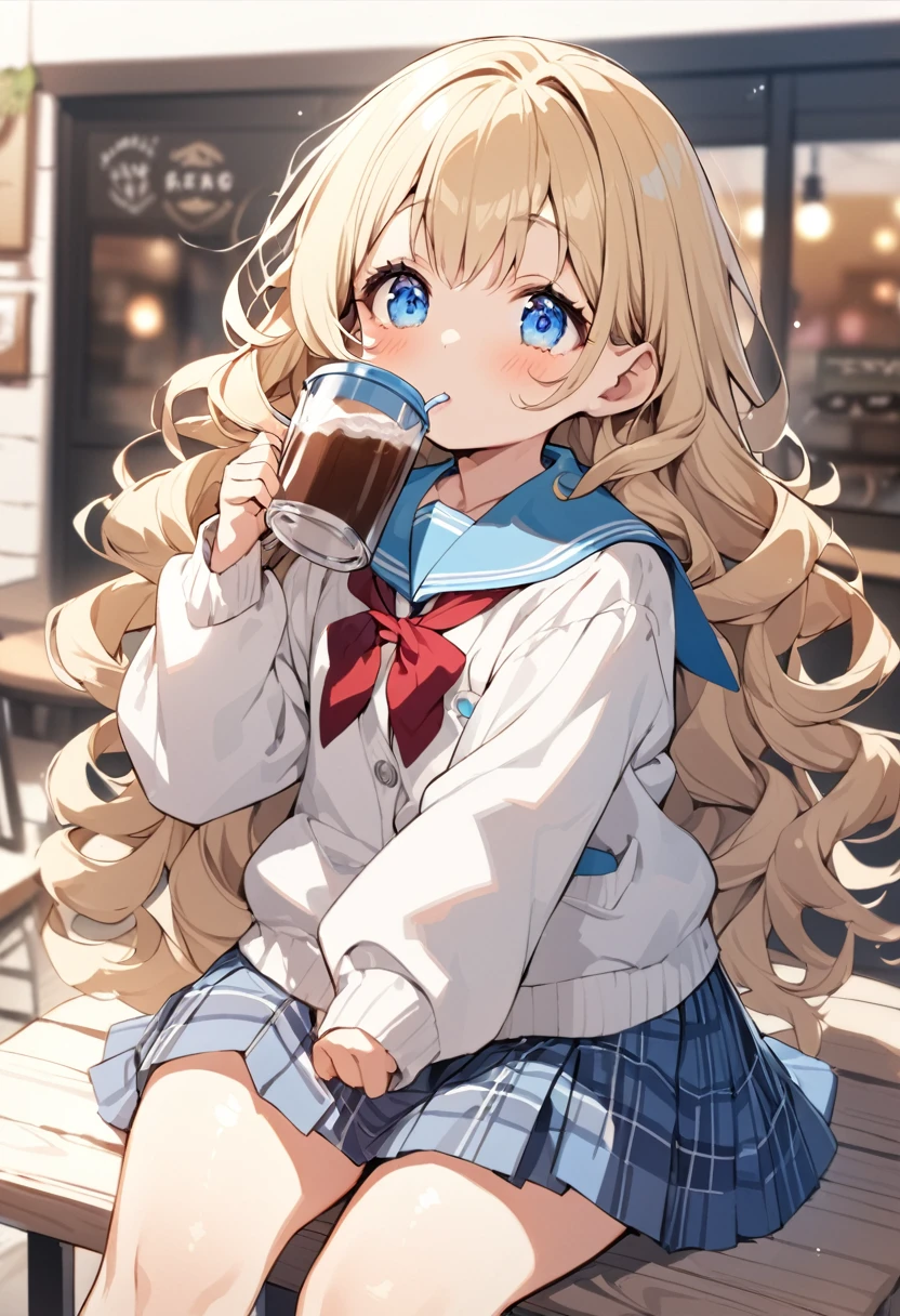BREAK Perfect Anatomy、Highest quality、(cute:1.1)、(cute)、(High resolution:1.2)、Unbelievably absurd:1.3、Incredible illustrations、(cuteイラスト:1.2)、(Beautiful background、Coffee shop)1gial(Blonde hair and blue eyes、Wavy Hair(child,(a girl, dwarf, height 1.3meters, 30kg),,10-year-old,flat chest)(school uniform)Girl drinking cocoa