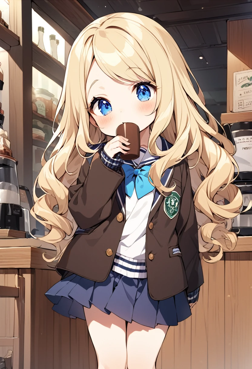 BREAK Perfect Anatomy、Highest quality、(cute:1.1)、(cute)、(High resolution:1.2)、Unbelievably absurd:1.3、Incredible illustrations、(cuteイラスト:1.2)、(Beautiful background、Coffee shop)1gial(Blonde hair and blue eyes、Wavy Hair(child,(a girl, dwarf, height 1.3meters, 30kg),,10-year-old,flat chest)(school uniform)Girl drinking cocoa