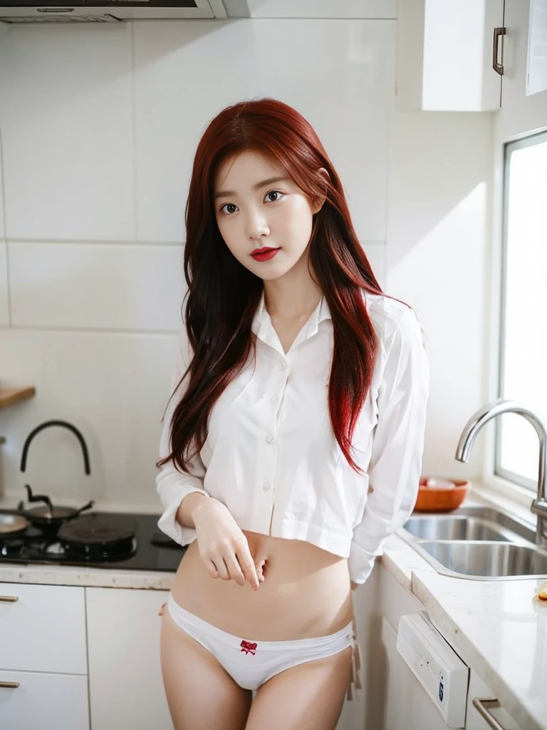 Red-haired girl wearing a white shirt and white panties boils water in the kitchen.,realistically,realistic