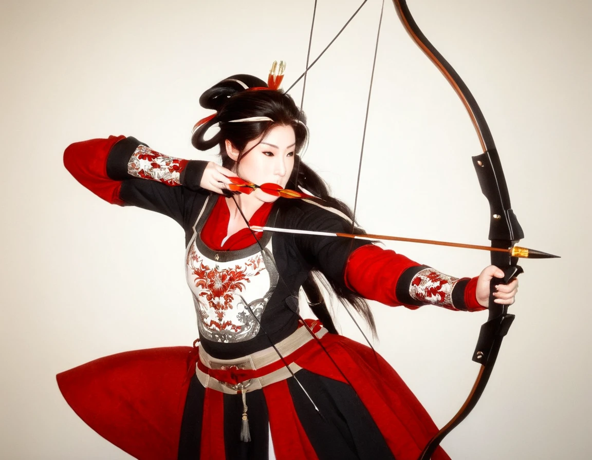 a Japanese watercolor illustration (using Black, white and red colors only) of a exquisite beautiful female archer, (silhouette artwork: 1.3), aiming a bow, holding the (composite masterwork bow: 1.3)  perfectly, ready for action as the sun rises, fantasy art, ), sun rising behind the archer, ready to act,  ultra feminine, with a long curvy hair, wearing knights armor, intricate clothes, , sting drawn to the cheek , arrow ready to be shot, (tip of the arrow glimmers in the sun: 1.3), sunrays, divine rays, high details, best quality, 16k, [ultra detailed], masterpiece, best quality, (extremely detailed), dynamic angle, Aiming a Bow, bow (weapon), ral-wtrclr