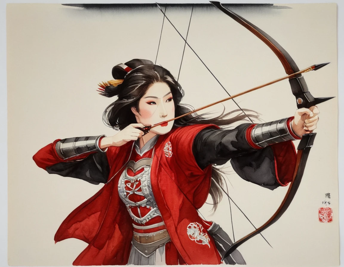 a Japanese watercolor illustration (using Black, white and red colors only) of a exquisite beautiful female archer, (silhouette artwork: 1.3), aiming a bow, holding the (composite masterwork bow: 1.3)  perfectly, ready for action as the sun rises, fantasy art, ), sun rising behind the archer, ready to act,  ultra feminine, with a long curvy hair, wearing knights armor, intricate clothes, , sting drawn to the cheek , arrow ready to be shot, (tip of the arrow glimmers in the sun: 1.3), sunrays, divine rays, high details, best quality, 16k, [ultra detailed], masterpiece, best quality, (extremely detailed), dynamic angle, Aiming a Bow, bow (weapon), ral-wtrclr