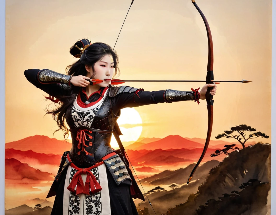 a Japanese watercolor illustration (using Black, white and red colors only) of a exquisite beautiful female archer, (silhouette artwork: 1.3), (aiming a bow: 1.4), holding the (composite masterwork bow: 1.3)  perfectly, ready for action as the sun rises, fantasy art, ), sun rising behind the archer, ready to act,  ultra feminine, with a long curvy hair, wearing knights armor, intricate clothes, , sting drawn to the cheek , arrow ready to be shot, (tip of the arrow glimmers in the sun: 1.3), sunrays, divine rays, high details, best quality, 16k, [ultra detailed], masterpiece, best quality, (extremely detailed), dynamic angle, Aiming a Bow, bow (weapon), 