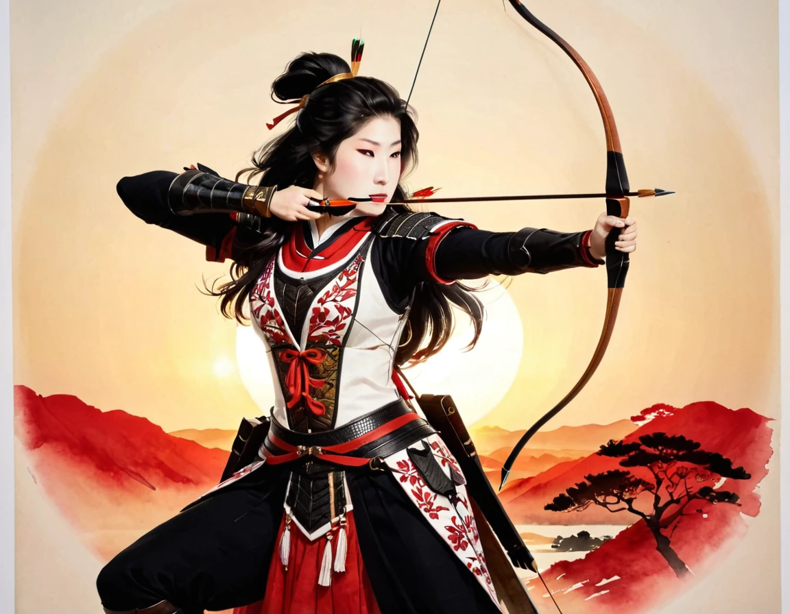 a Japanese watercolor illustration (using Black, white and red colors only) of a exquisite beautiful female archer, (silhouette artwork: 1.3), (aiming a bow: 1.4), holding the (composite masterwork bow: 1.3)  perfectly, ready for action as the sun rises, fantasy art, ), sun rising behind the archer, ready to act,  ultra feminine, with a long curvy hair, wearing knights armor, intricate clothes, , sting drawn to the cheek , arrow ready to be shot, (tip of the arrow glimmers in the sun: 1.3), sunrays, divine rays, high details, best quality, 16k, [ultra detailed], masterpiece, best quality, (extremely detailed), dynamic angle, Aiming a Bow, bow (weapon), 