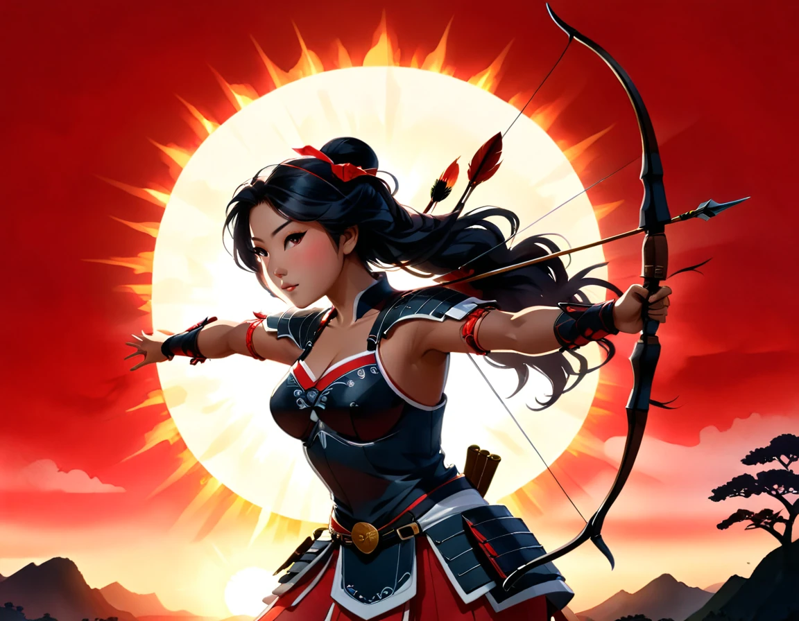 a Japanese watercolor illustration (using Black, white and red colors only) of a exquisite beautiful female archer, (silhouette artwork: 1.3), aiming a bow, holding the (composite masterwork bow: 1.3)  perfectly, ready for action as the sun rises, fantasy art, ), sun rising behind the archer, ready to act,  ultra feminine, with a long curvy hair, wearing knights armor, intricate clothes, , sting drawn to the cheek , arrow ready to be shot, (tip of the arrow glimmers in the sun: 1.3), sunrays, divine rays, high details, best quality, 16k, [ultra detailed], masterpiece, best quality, (extremely detailed), dynamic angle, Aiming a Bow, bow (weapon), ral-wtrclr