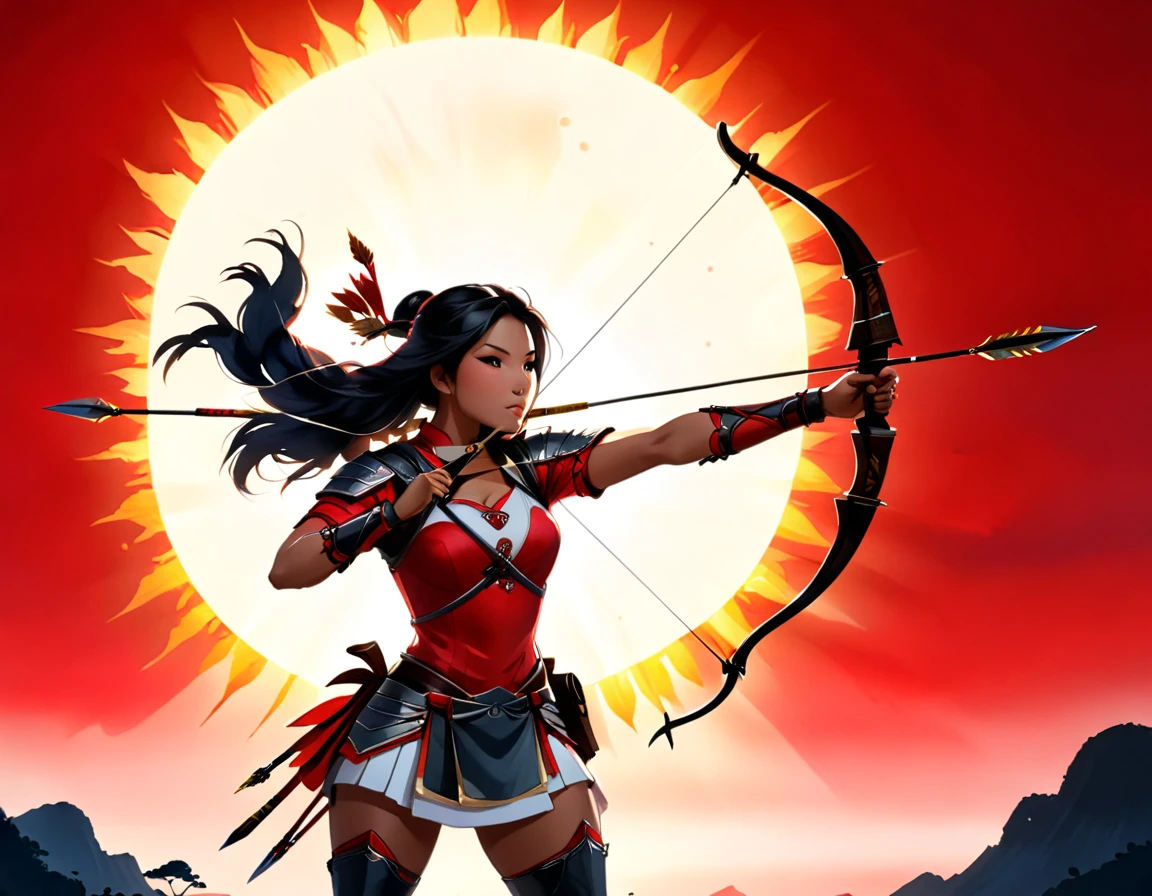 a Japanese watercolor illustration (using Black, white and red colors only) of a exquisite beautiful female archer, (silhouette artwork: 1.3), aiming a bow, holding the (composite masterwork bow: 1.3)  perfectly, ready for action as the sun rises, fantasy art, ), sun rising behind the archer, ready to act,  ultra feminine, with a long curvy hair, wearing knights armor, intricate clothes, , sting drawn to the cheek , arrow ready to be shot, (tip of the arrow glimmers in the sun: 1.3), sunrays, divine rays, high details, best quality, 16k, [ultra detailed], masterpiece, best quality, (extremely detailed), dynamic angle, Aiming a Bow, bow (weapon), ral-wtrclr