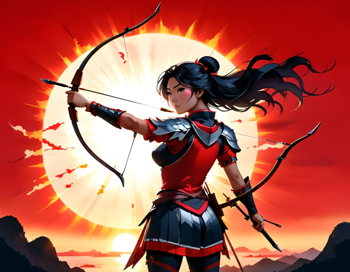 a Japanese watercolor illustration (using Black, white and red colors only) of a exquisite beautiful female archer, (silhouette artwork: 1.3), aiming a bow, holding the (composite masterwork bow: 1.3)  perfectly, ready for action as the sun rises, fantasy art, ), sun rising behind the archer, ready to act,  ultra feminine, with a long curvy hair, wearing knights armor, intricate clothes, , sting drawn to the cheek , arrow ready to be shot, (tip of the arrow glimmers in the sun: 1.3), sunrays, divine rays, high details, best quality, 16k, [ultra detailed], masterpiece, best quality, (extremely detailed), dynamic angle, Aiming a Bow, bow (weapon), ral-wtrclr