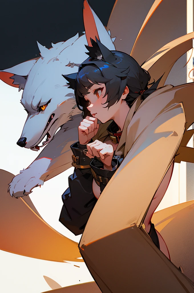 ((best quality)), ((masterpiece)), (detailed), Wolf ears, Wolf tail, Wolf paw hands, female, demi-human, wolf girl, naked, Iron collar.