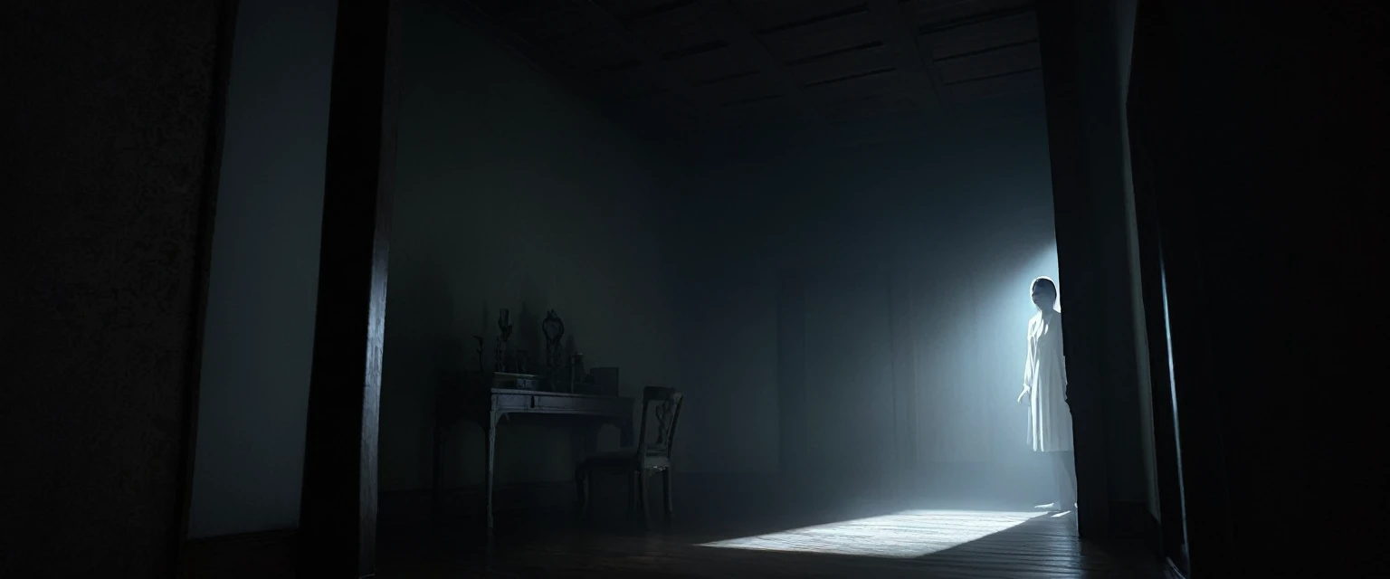 Rendering of the scene of Maria (a scary female ghost) appearing in front of Doni (23 year old Indonesian man Doni) in a dimly lit room. Maria faces Doni, with her back to the camera, partially blocking his view. The room should have an eerie atmosphere with minimal lighting, creating eerie shadows. The figure of Maria is a woman with a scary face and a transparent body