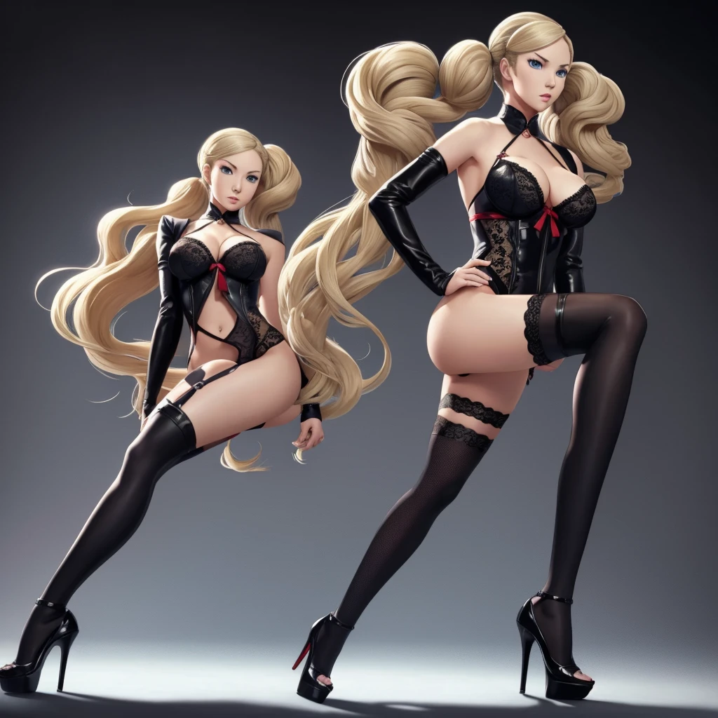 Ann takamaki. blonde hair, twin tails. blue eyes. large breasts. black lace lingerie. Stiletto heels. full growth. full body. sensual pose. solo. alone