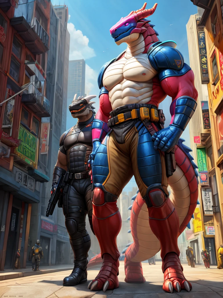 (by taran fiddler) Uploaded to E621, best quality, masterpiece, high quality, Sexy Men, (synth) ,dragon, White, Bright colors, security robot, guards, bodyguard, bodyguard, very muscular, male muscular, sexy muscular, thick thighs, Long tail, guards costume, holster, gun holster, hand on holster, attack pose, city background, Bright screen, by vader-san