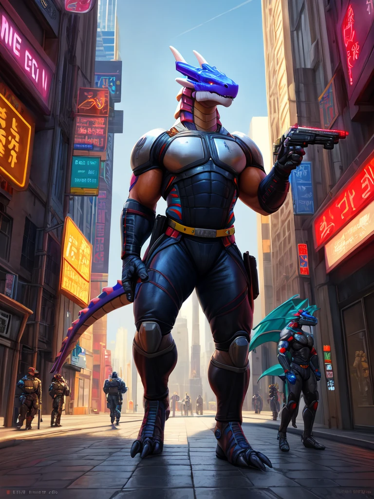 (by taran fiddler) Uploaded to E621, best quality, masterpiece, high quality, Sexy Men, (synth) ,dragon, White, Bright colors, security robot, guards, bodyguard, bodyguard, very muscular, male muscular, sexy muscular, thick thighs, Long tail, guards costume, holster, gun holster, hand on holster, attack pose, city background, Bright screen, by vader-san