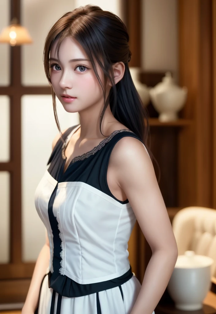 8K, of the highest quality, masutepiece:1.2), (Realistic, Photorealsitic:1.37), of the highest quality, masutepiece, Beautiful young woman, Pensive expression, Gentle eyes, Cute Maid Clothes, Hair tied back, feeling radiant, Cinematic background,, Light skin tone