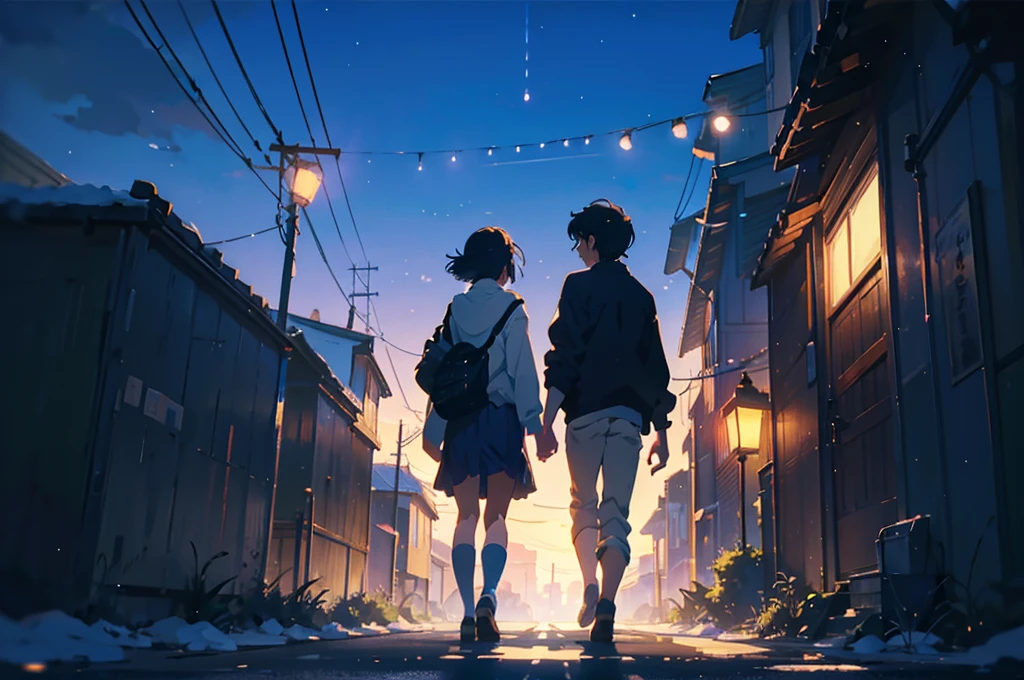 Created exquisite illustrations reminiscent of Makoto Shinkai's style, 非常に細かいディテールとHighest qualityを備えています. Cityscape at dusk,Create high quality illustrations of beautiful single girls。. The overall composition should evoke a sense of nostalgia and fantasy., Intricate details that capture the essence of a moment. Notice elements like the warm glow of the setting sun casting long shadows over the city, And the calm expression of a girl looking at the view. The beauty of the sunset and the girl's serene thoughts blend together、Striving for a finely crafted work of art, Create a nostalgic and dreamy atmosphere. Highest quality, masterpiece、Railroad crossing