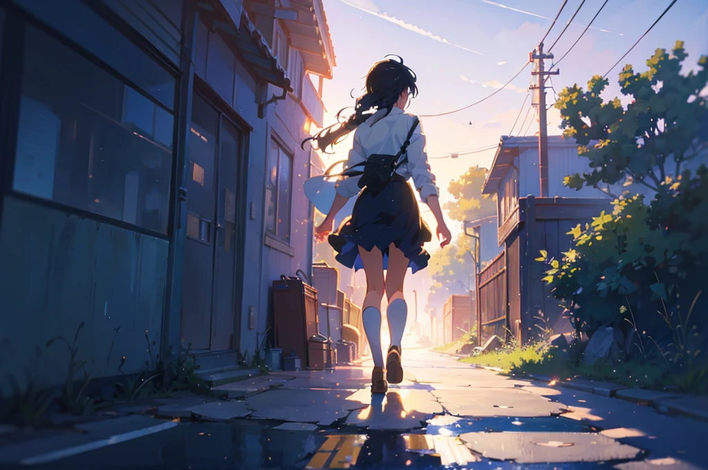 Created exquisite illustrations reminiscent of Makoto Shinkai's style, 非常に細かいディテールとHighest qualityを備えています. Cityscape at dusk,Create high quality illustrations of beautiful single girls。. The overall composition should evoke a sense of nostalgia and fantasy., Intricate details that capture the essence of a moment. Notice elements like the warm glow of the setting sun casting long shadows over the city, And the calm expression of a girl looking at the view. The beauty of the sunset and the girl's serene thoughts blend together、Striving for a finely crafted work of art, Create a nostalgic and dreamy atmosphere. Highest quality, masterpiece、Railroad crossing