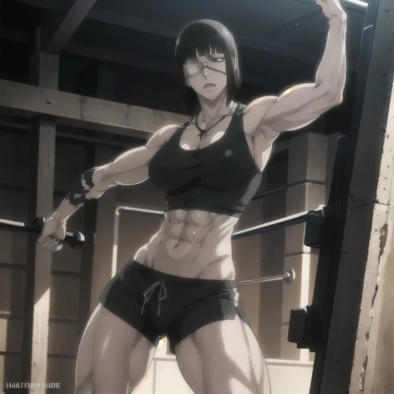 (best quality,ultra-detailed,realistic:1.37),musclaur badass girl with sculpted body have a tattoos ,full review of the female character face and body, intense expression, strong and confident posture, studio lighting, vivid colors, physiologically-based rendering, grungy texture, rugged background, dust particles in the air, commanding presence, professional, powerful, gritty aesthetics,Valmet،short hair,necklace,eyepatch,handsome look,gym,Body lifting,Valmet prime muscles,fighting pose,wearing black sport tank top and black gym short,Shining muscles,veins in muscles,1girl,six-pack,arena training,perfect muscles, growth inside shorts 