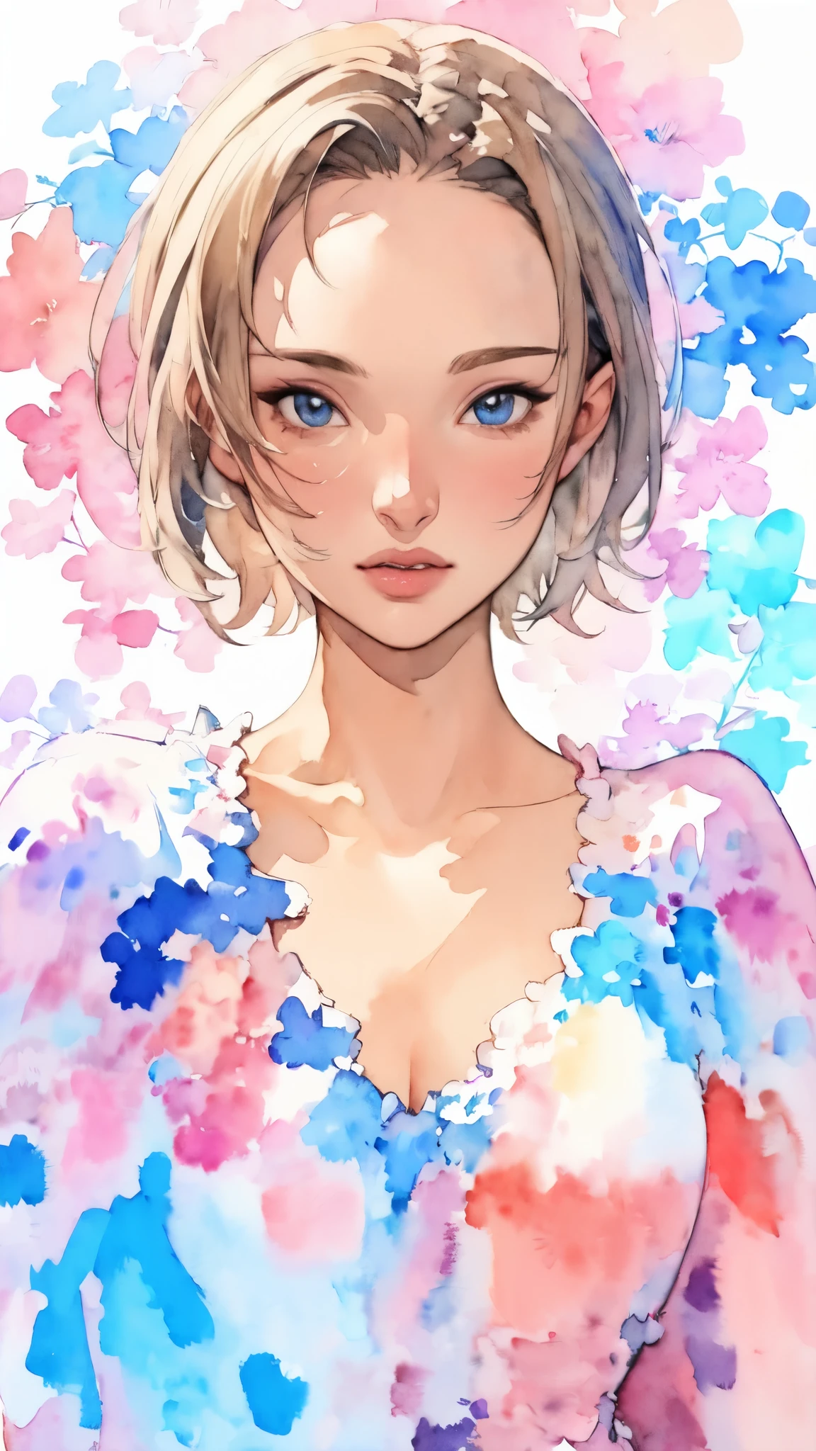 (masterpiece:1.2, Highest quality),8K,wallpaper,(((Watercolor))),(Natalie Portman), Upper body close-up,front,short hair,Wearing a bold dress,Perfect Eyes,Detailed face,,Cool woman