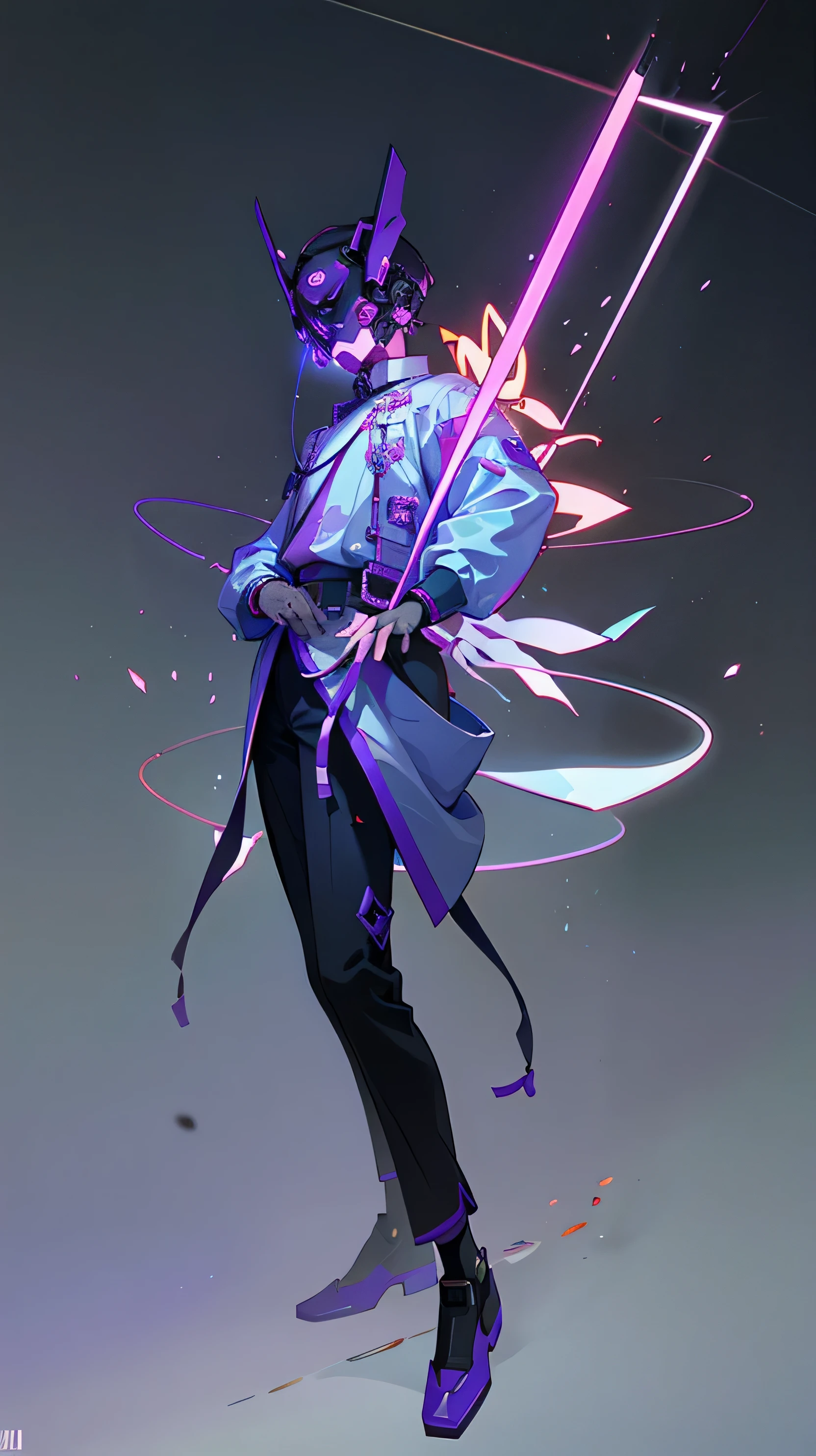 masterpiece, best quality, A close-up shot of a futuristic boy，China is purple and impermanent，The traditional image of Hei Wuchang，Tradition meets modernity，Chinese style，Wearing a fantastic cyber helmet，purple triangle LED light and halo on the helmet, Wearing a blue Techwear jacket with &quot;Peace in the World&quot; written on it, Full body white background