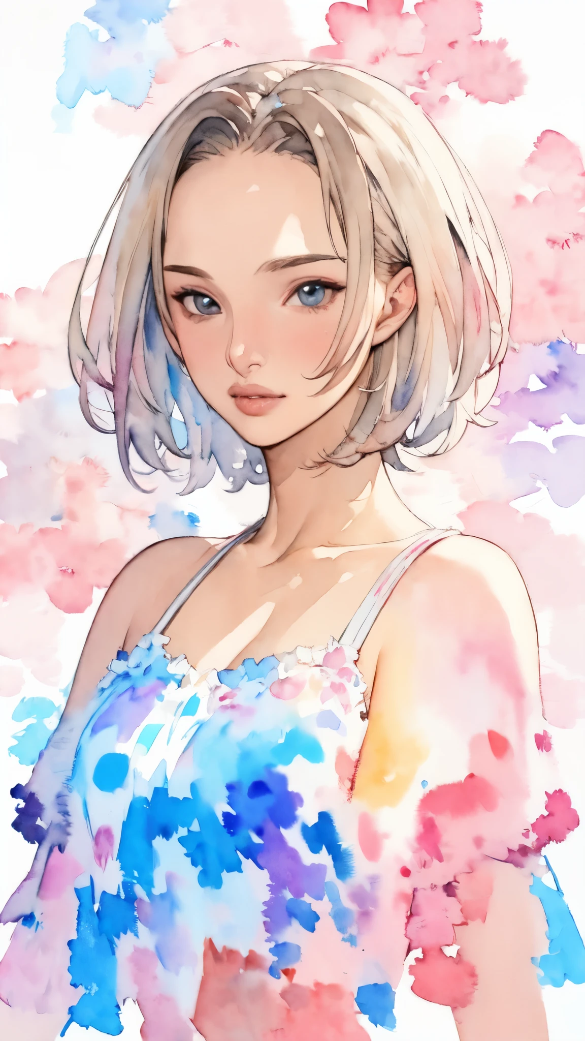 (masterpiece:1.2, Highest quality),8K,wallpaper,(((Watercolor))),(Natalie Portman), Upper body close-up,front,short hair,Wearing a bold dress,Perfect Eyes,Detailed face,,Cool woman