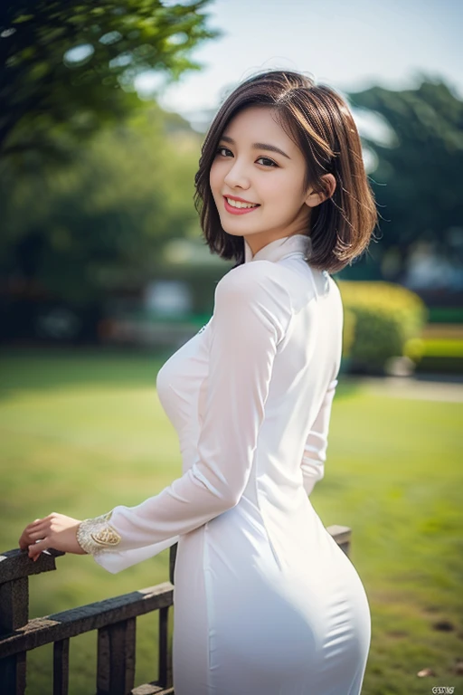 (a gorgeous lady, age 18, Vietnamese traditional dress Ao Dai, nature walk in Hanoi night sky, friendly expression, dimpled smile, cute snaggle-tooth, short bob hair, beautiful detailed face, beautiful detailed eyes, ample round bosom, photorealistic, hyper-realism, high contrast, ultra HD, realistic skin textures, top image quality, top-quality, super high resolution, fine details, very meticulously, masterpiece, head to thigh, ass focus shot , romantic atmosphere, bokeh background)