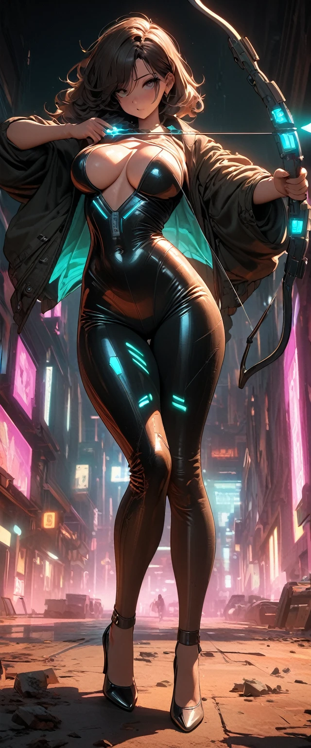 Cyberpunk style，30-year-old mature and charming woman，Leather bodysuit covers the entire body，Full breasts，High heels，Shoot at me with a bow and arrow，（There are a lot of small pieces of gravel floating in the air around me.:1.5），beautiful，Glowing Effects，Celluloid style，Flat coating，HD，CG art，comics，8K，Looking at the camera，high quality，illustration，Vaporwave style，Rim Light，light，Very detailed，complicated，OC Renderer，Viewing angle，high resolution