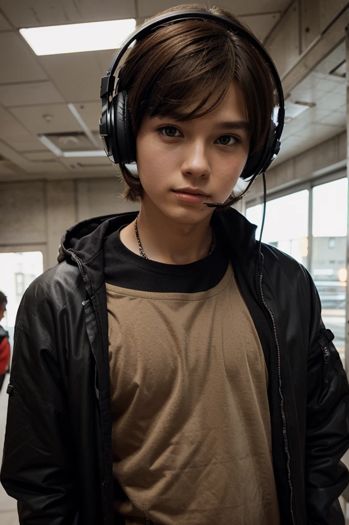 (Black outfit,brown hair,jaket,headset,boy,anime style)