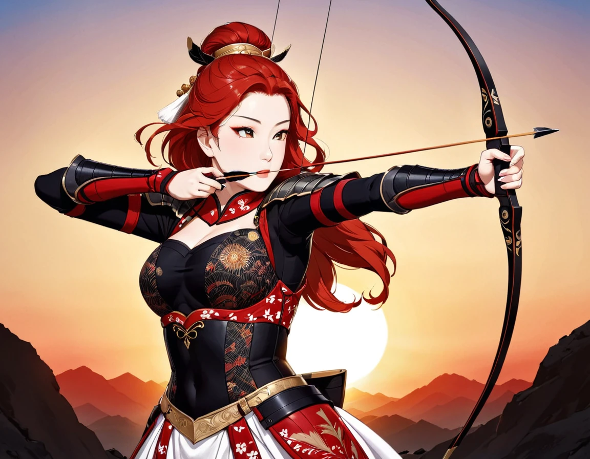 a Japanese (coal artwork: 1.5) illustration (using Black, white and red colors only) of a exquisite beautiful female archer, (silhouette artwork: 1.3), (aiming a bow: 1.4), holding the (composite masterwork bow: 1.3)  perfectly, ready for action as the sun rises, fantasy art, ), sun rising behind the archer, ready to act,  ultra feminine, with a long curvy hair, wearing knights armor, intricate clothes, , sting drawn to the cheek , arrow ready to be shot, (tip of the arrow glimmers in the sun: 1.3), sunrays, divine rays, high details, best quality, 16k, [ultra detailed], masterpiece, best quality, (extremely detailed), dynamic angle, Aiming a Bow, bow (weapon), 