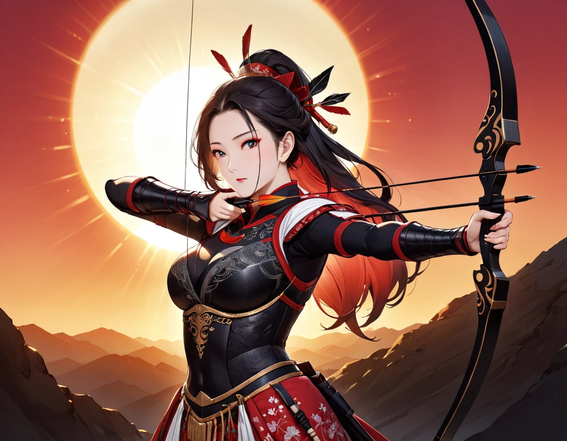 a Japanese (coal artwork: 1.5) illustration (using Black, white and red colors only) of a exquisite beautiful female archer, (silhouette artwork: 1.3), (aiming a bow: 1.4), holding the (composite masterwork bow: 1.3)  perfectly, ready for action as the sun rises, fantasy art, ), sun rising behind the archer, ready to act,  ultra feminine, with a long curvy hair, wearing knights armor, intricate clothes, , sting drawn to the cheek , arrow ready to be shot, (tip of the arrow glimmers in the sun: 1.3), sunrays, divine rays, high details, best quality, 16k, [ultra detailed], masterpiece, best quality, (extremely detailed), dynamic angle, Aiming a Bow, bow (weapon), 