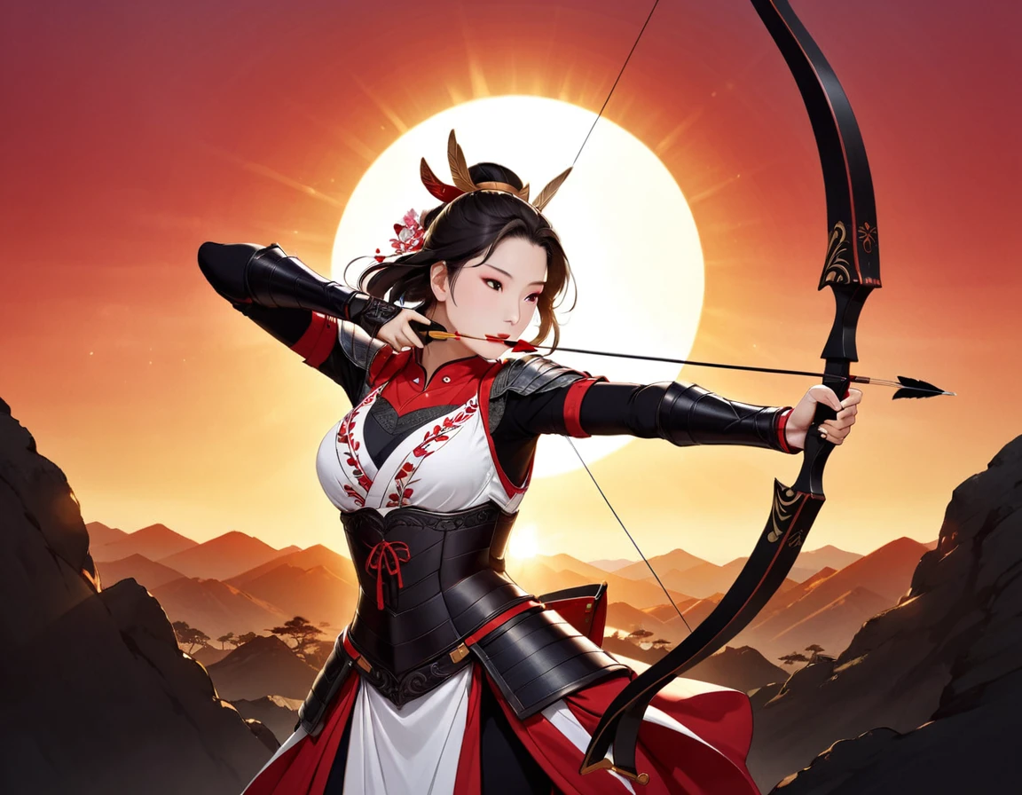 a Japanese (coal artwork: 1.5) illustration (using Black, white and red colors only) of a exquisite beautiful female archer, (silhouette artwork: 1.3), (aiming a bow: 1.4), holding the (composite masterwork bow: 1.3)  perfectly, ready for action as the sun rises, fantasy art, ), sun rising behind the archer, ready to act,  ultra feminine, with a long curvy hair, wearing knights armor, intricate clothes, , sting drawn to the cheek , arrow ready to be shot, (tip of the arrow glimmers in the sun: 1.3), sunrays, divine rays, high details, best quality, 16k, [ultra detailed], masterpiece, best quality, (extremely detailed), dynamic angle, Aiming a Bow, bow (weapon), 