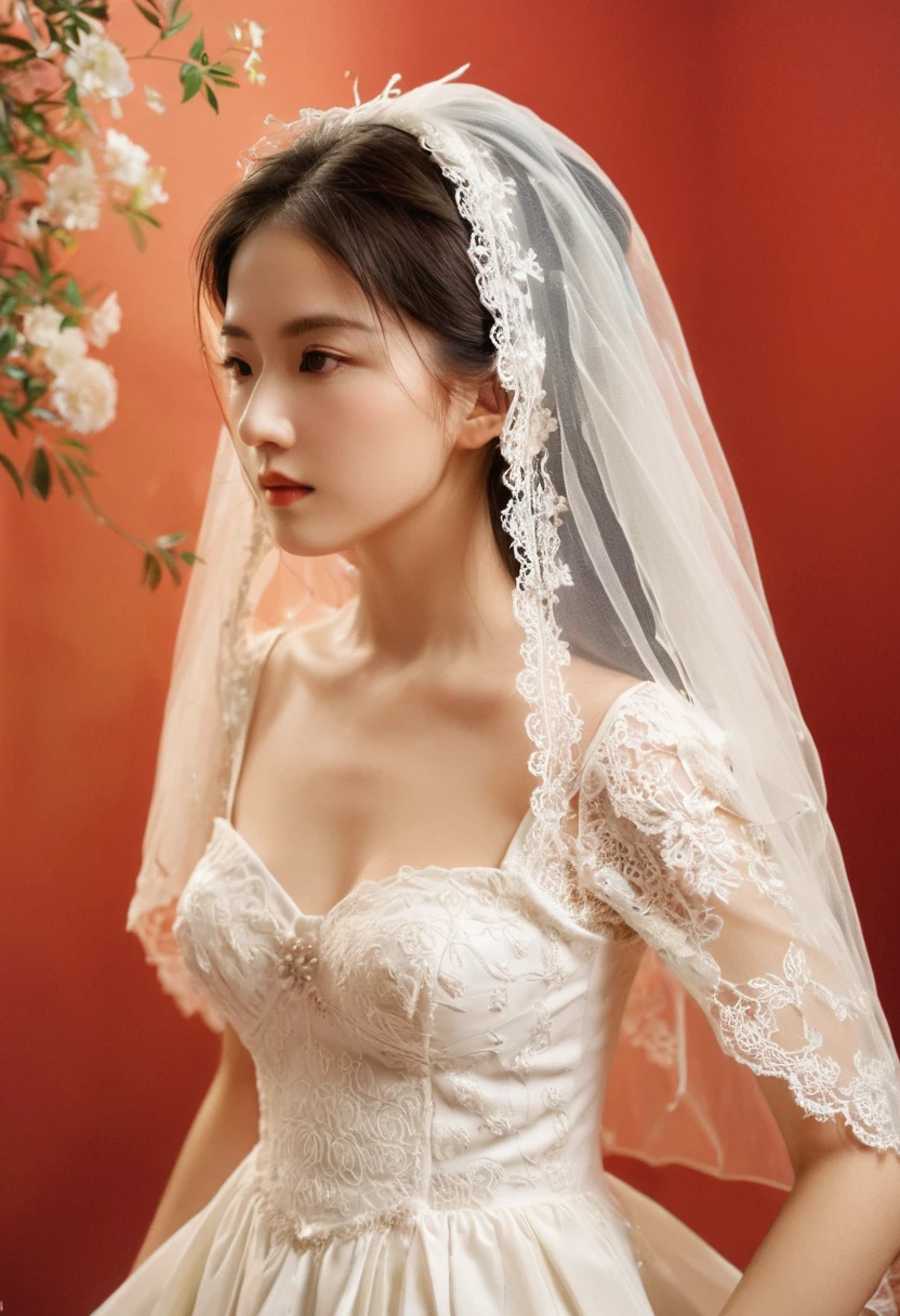 1 Girl,Solitary,Medium breasts,outdoor,(whole body:1.3),(Red background),permanent,ruanyi0263,bridal veil,Wedding dress,veil,White Dress,bride,Lace,, (((Beautiful Calling, Wonderful Art,
Wonderful colors))) ,((Natural Lighting)), ((Gorgeous scenery)) ,(((Practical))) , (masterpiece, best quality), Intricate details, Practical, photoPractical, Perfect structure, masterpiece,, Natural skin,Fine skin pores (Long hair), Oily skin, Subsurface scattering, Shooting with a camera, Soft lighting, high quality, best quality, masterpiece, Best pictures, charming, amazing