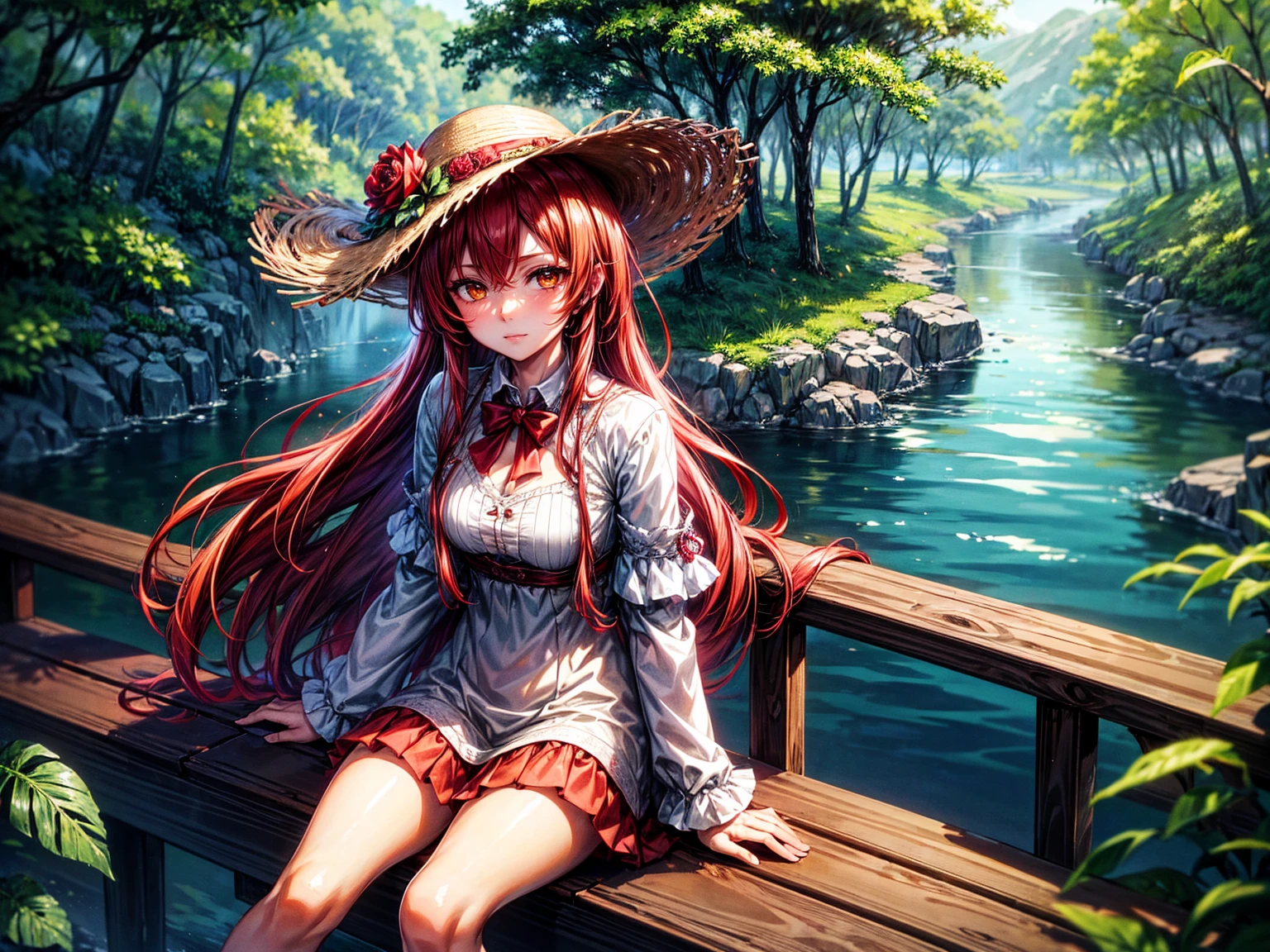 Makima , red hair, yellow eyes,She is sitting on a bridge over a river, in a forest, wearing a straw hat, holding a rose in her hand, looking at the viewer.