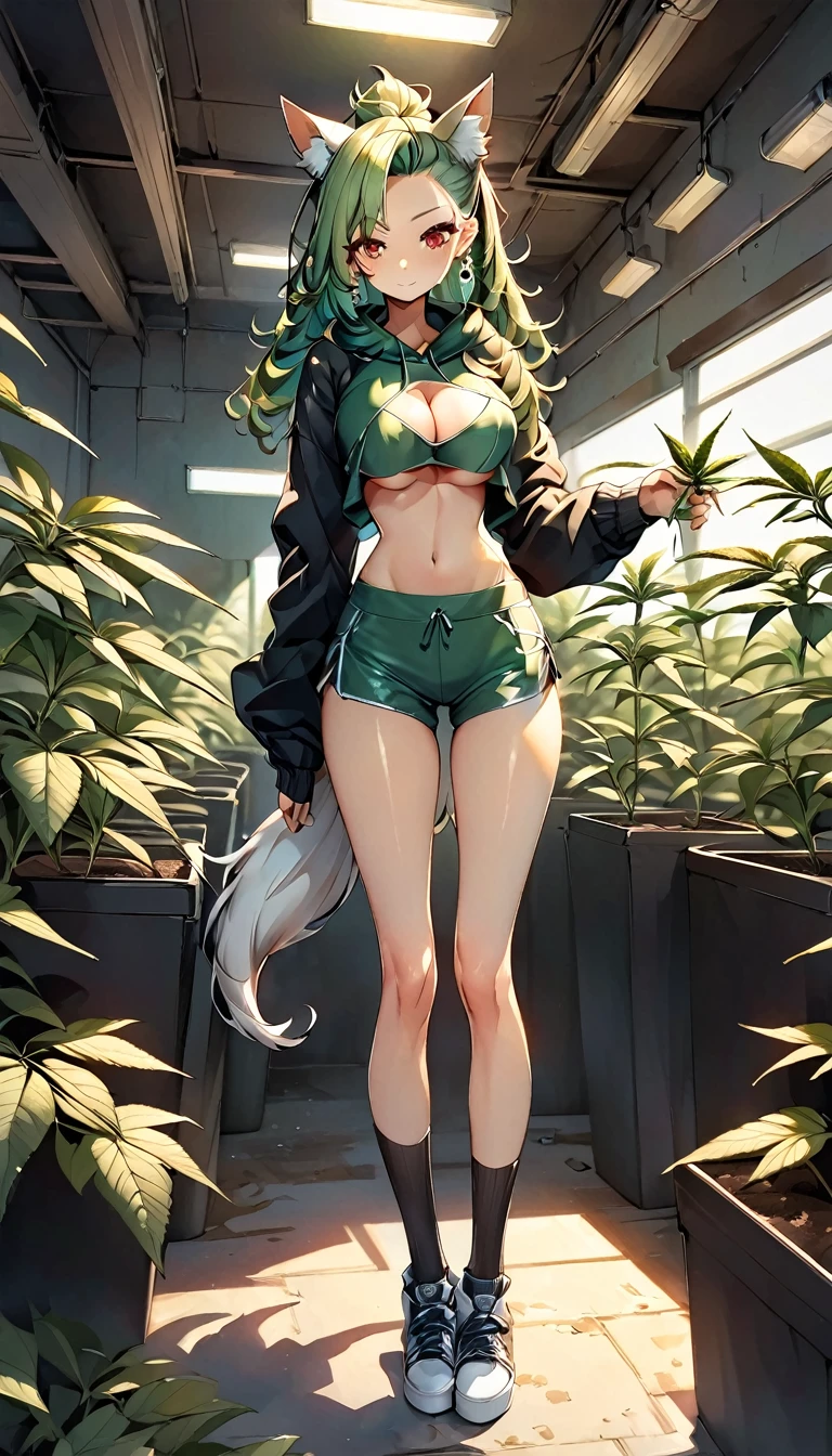, Croped, , cleavage, slim waist, cropped hoodie underboob, cropped hoodieunderboobhoodie, 1girl, 2 wolf ears, wolf tail, marijuana crop hoodie, crop shorts, marijuana hoodie, spiky hair, spiky fur, green hair, red eyes,marijuana field, tight clothes, perfect eyes, perfect hands, clear resolution, full body, cleavage skin, marijuana plants, open hoodie, marijuana scenery, black thigh high socks, full body, earrings, 1girl, skirt, cleavage, slim waist, cleavage, slim waist, hair pulled back,
