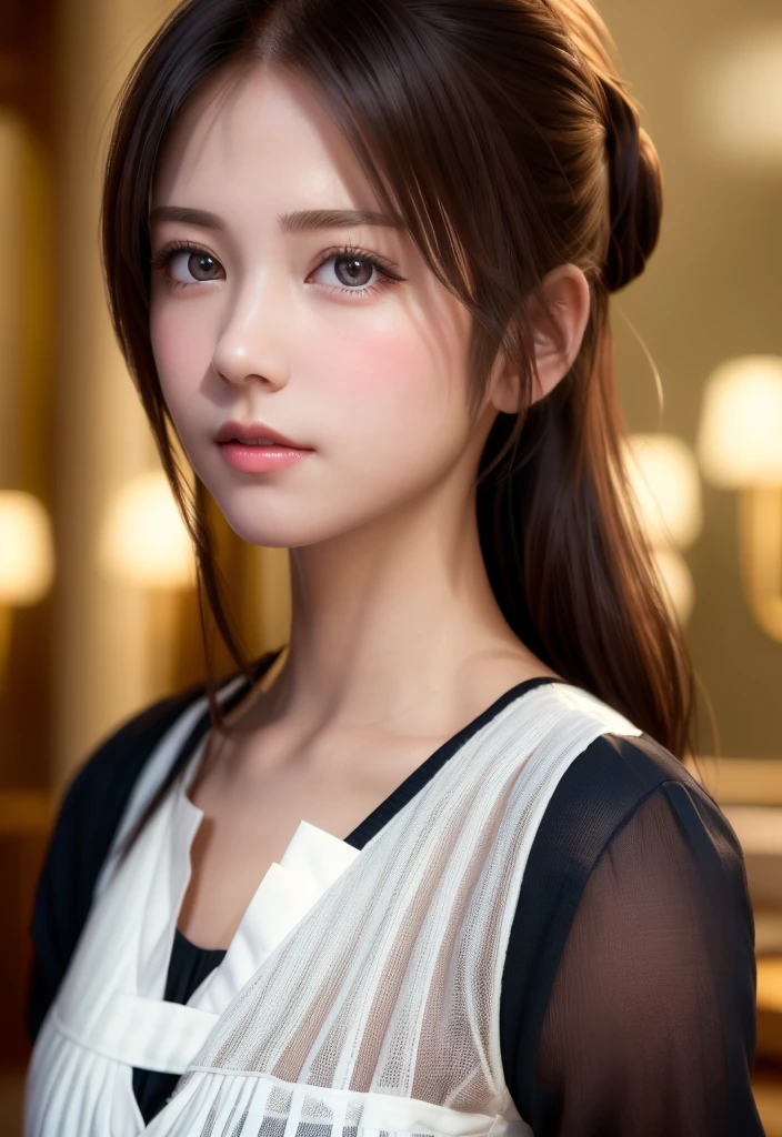 8K, of the highest quality, masutepiece:1.2), (Realistic, Photorealsitic:1.37), of the highest quality, masutepiece, Beautiful young woman, Pensive expression,、A charming、and an inviting look, Cute Maid Clothes, Hair tied back, Cinematic background, Light skin tone