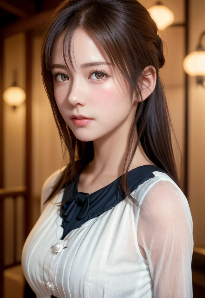 8K, of the highest quality, masutepiece:1.2), (Realistic, Photorealsitic:1.37), of the highest quality, masutepiece, Beautiful young woman, Pensive expression,、A charming、and an inviting look, Cute Maid Clothes, Hair tied back, Cinematic background, Light skin tone