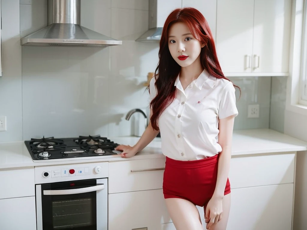 A red-haired girl wearing a short-sleeved white shirt and white panties was boiling water in the kitchen.,realistically,realistic